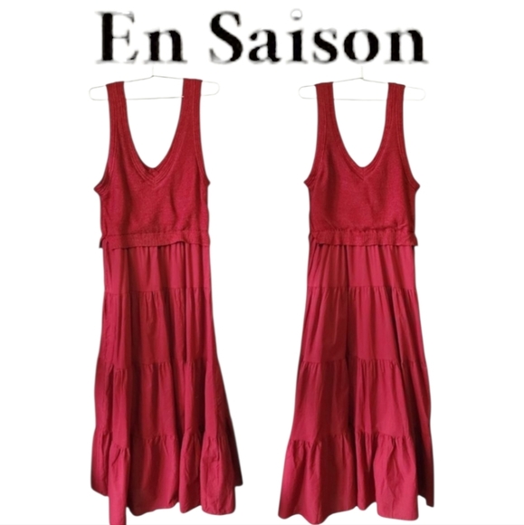 EN SAISON Womens Red Cotton Mixed Media Tiered Maxi Summer Dress Medium - Picture 1 of 11